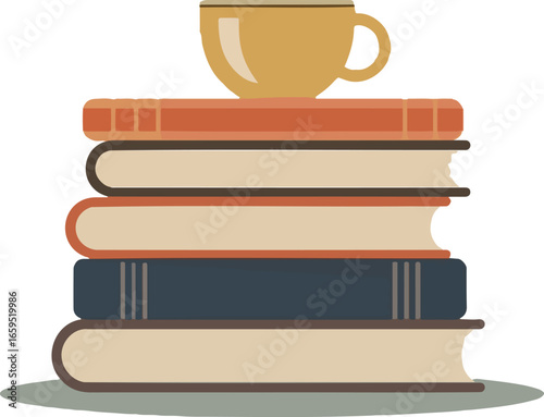 Stack of books with a cup on top, representing reading, knowledge, and relaxation.