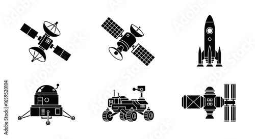 Space exploration icons: satellites, rocket, lunar module, rover, space station.