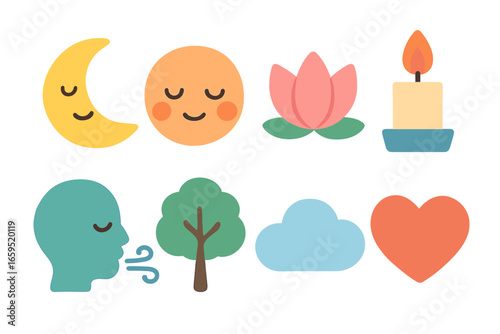 Evening Calm Rituals. Flat vector mini-illustrations Evening stress relief rituals in colors children's