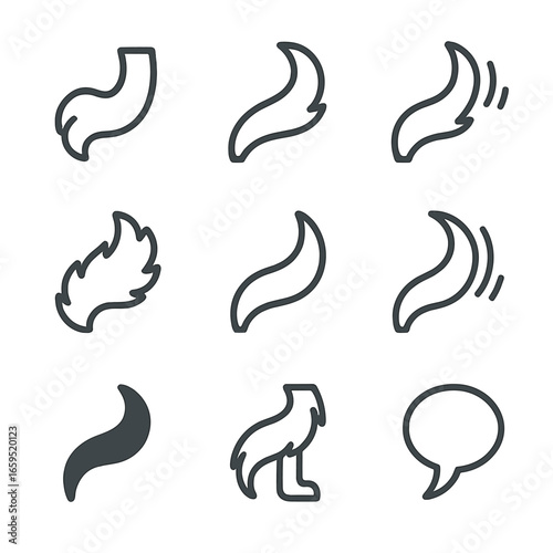 Stylized Tail Icons. Outline icon set of tail in animation and comics: cartoon tail, exaggerated tail, wagging comic tail, fluffy