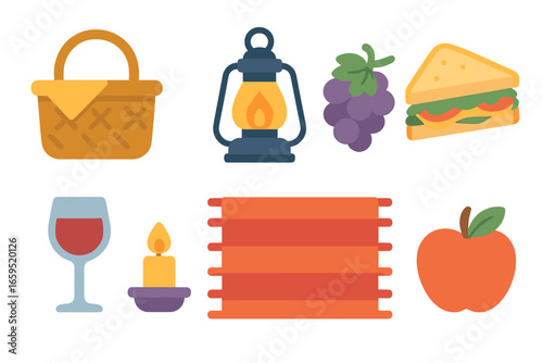 Evening Picnic Icons. Flat vector mini-illustrations evening picnic in colors children's illustrations: picnic