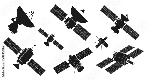 Several satellite silhouettes with varying designs, including solar panels and dish antennas, arranged on a white background.