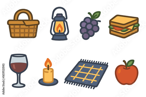 Evening Picnic Icons. Flat vector mini-illustrations evening picnic in colors children's illustrations: picnic