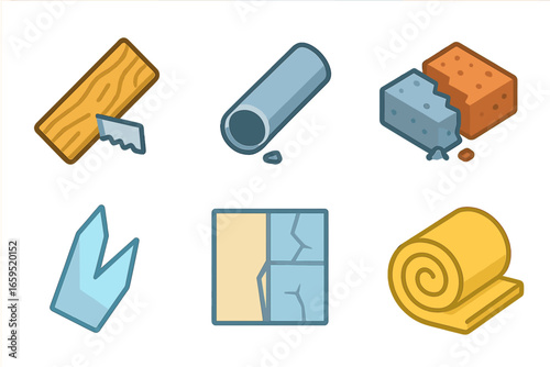 Construction Cuts Icons. Flat vector mini-illustrations construction cuts in colors children's illustrations: sawed wood plank,