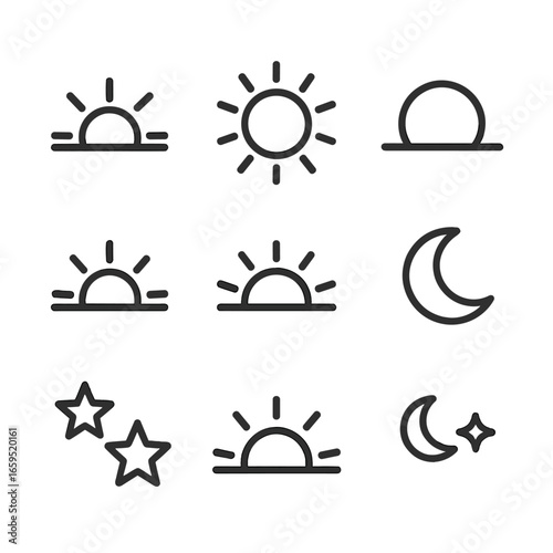 Sun and Moon Icons. Outline icon set of sun movement: sunrise, mid-morning sun, noon sun, sunset, twilight, moon, stars, dawn,