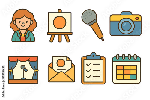 Event Brand Essentials. Flat vector mini-illustrations Brand image management at events in colors children's