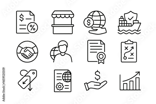 Export Incentives Icons. Outline icon set of export incentives and policies: tax rebate, trade fair booth,