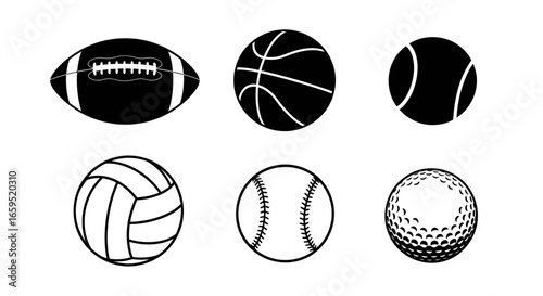 Collection of six monochrome sport balls: football, basketball, soccer ball, volleyball, baseball, and golf ball.