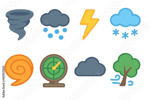Extreme Weather Icons. Flat vector mini-illustrations extreme weather patterns in colors children's