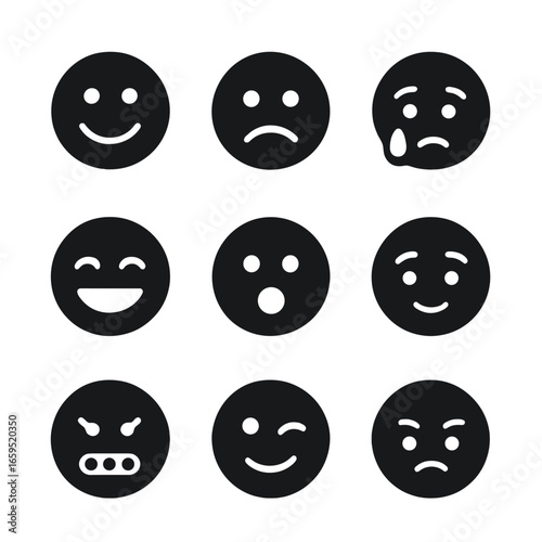 Facial Expression Icons. Solid, filled icons set of facial expressions: smile, frown, tears, laughter, shock,