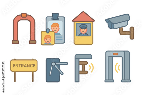 Factory Entry Icons. Flat vector mini-illustrations Factory entrance and security in colors children's