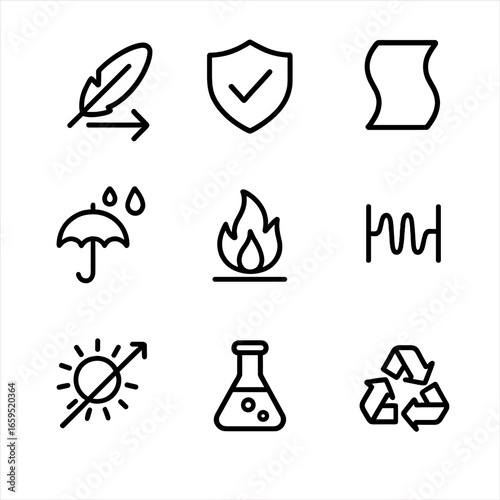 Synthetic Material Icons. Outline icon set of synthetic material properties: lightweight, durable, flexible, waterproof, heat