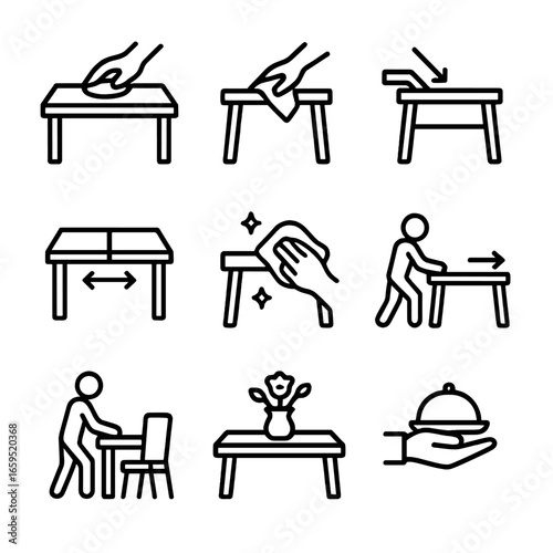 Table Action Icons. Outline icon set of table-related actions: setting table, clearing table, folding table, extending table,