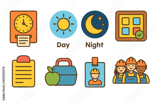 Factory Shift Icons. Flat vector mini-illustrations Factory shift operations in colors children's