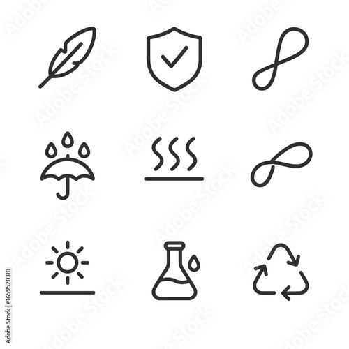 Synthetic Material Icons. Outline icon set of synthetic material properties: lightweight, durable, flexible, waterproof, heat