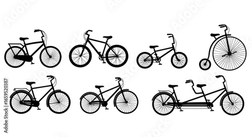 Silhouette illustration of various bicycle types, showcasing different styles and configurations.
