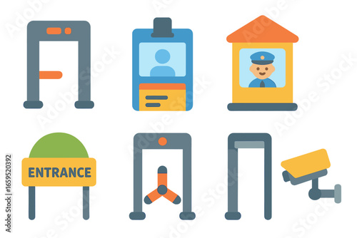 Factory Entry Icons. Flat vector mini-illustrations Factory entrance and security in colors children's