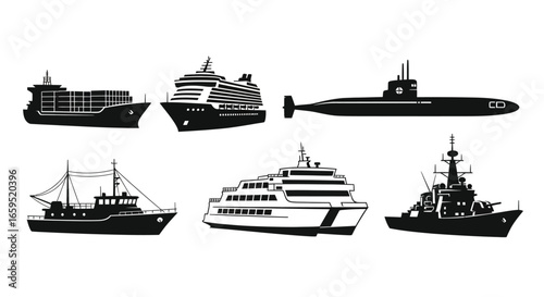 Collection of various water vessels, including cargo ships, cruise liners, submarines, and fishing boats.