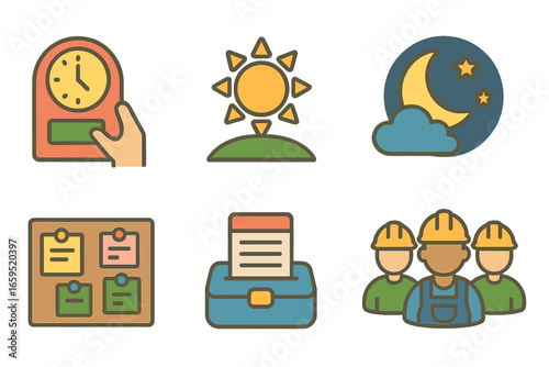 Factory Shift Icons. Flat vector mini-illustrations Factory shift operations in colors children's
