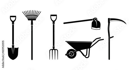 A collection of essential gardening tools, including a shovel, rake, pitchfork, wheelbarrow, hoe, and scythe, depicted in simple black silhouettes.