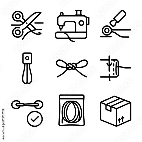 Drawstring Manufacturing Icons. Outline icon set of drawstring manufacturing: cord cutting, sewing, grommet punching, toggle