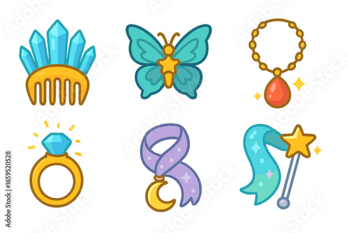 Fairy Queen Accessories. Flat vector mini-illustrations Fairy queen's accessories in colors children's