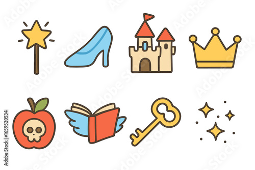 Fairy Tale Icons. Flat vector mini-illustrations fairy tale elements in colors children's illustrations: magic