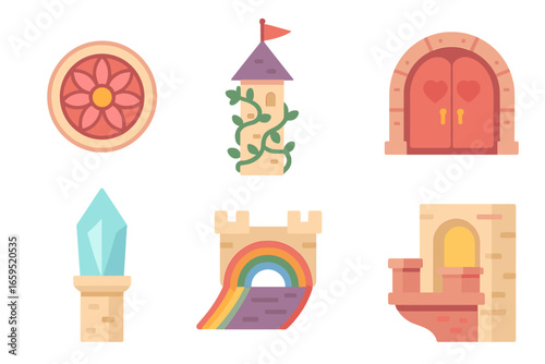 Fairytale Castle Details. Flat vector mini-illustrations Fairy queen’s castle details in colors children's