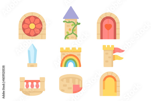Fairytale Castle Details. Flat vector mini-illustrations Fairy queen’s castle details in colors children's