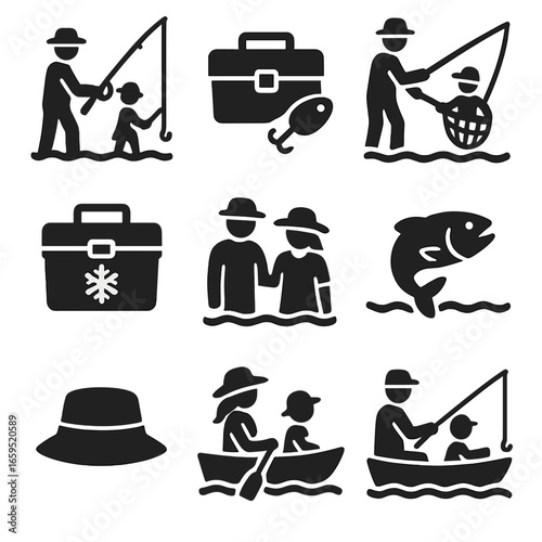 Family Fishing Icons. Solid, filled icons set of families fishing outdoors: fishing rods, tackle box, bait,