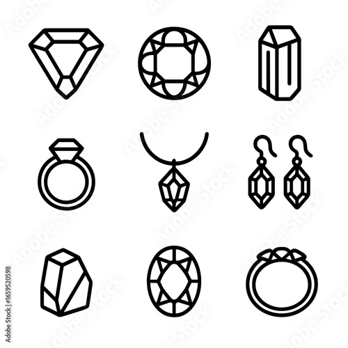 Topaz Icon Collection. Outline icon set of topaz: topaz gemstone, blue topaz, imperial topaz, topaz ring, topaz necklace, topaz