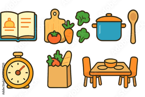Family Meal Icons. Flat vector mini-illustrations meal planning and cooking for families in colors children's
