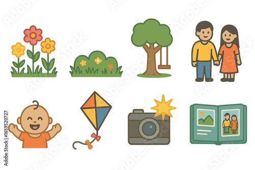 Family Outdoor Icons. Flat vector mini-illustrations Outdoor family portraits in colors children's
