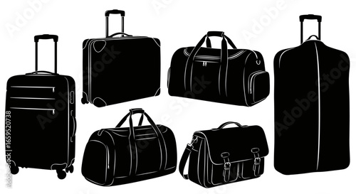 Silhouetted collection of various travel bags and luggage, ready for a journey.