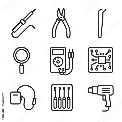 Electronic Repair Icons. Outline icon set of electronic repair tools: soldering iron, wire stripper, tweezers, magnifying glass,