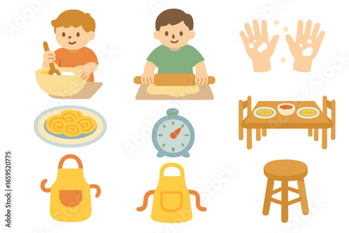 Family Pasta Night. Flat vector mini-illustrations family pasta night in colors children's illustrations:
