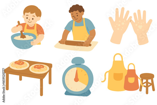 Family Pasta Night. Flat vector mini-illustrations family pasta night in colors children's illustrations: