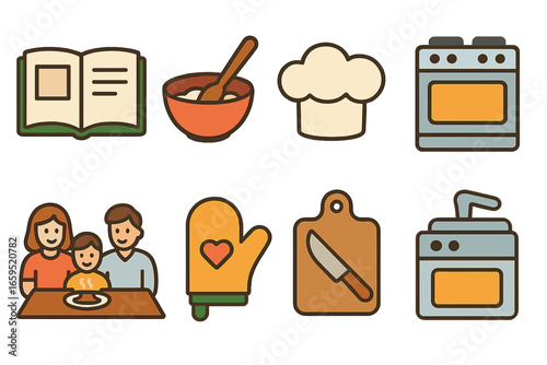 Family Recipe Icons. Flat vector mini-illustrations Passing down recipes and cooking stories in colors