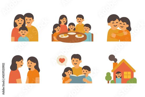 Family Support Icons. Flat vector mini-illustrations Positive family support system in colors children's
