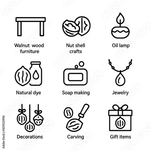 Walnut Craft Icons. Outline icon set of walnut crafts and uses: walnut wood furniture, nut shell crafts, oil lamp, natural dye,