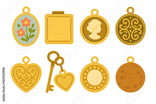 Vintage Lockets Grid. Flat vector mini-illustrations vintage lockets in colors children's illustrations: oval floral locket,