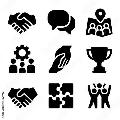 Family Teamwork Icons. Solid, filled icons set of family teamwork: hand holding, speech bubbles, shared map,