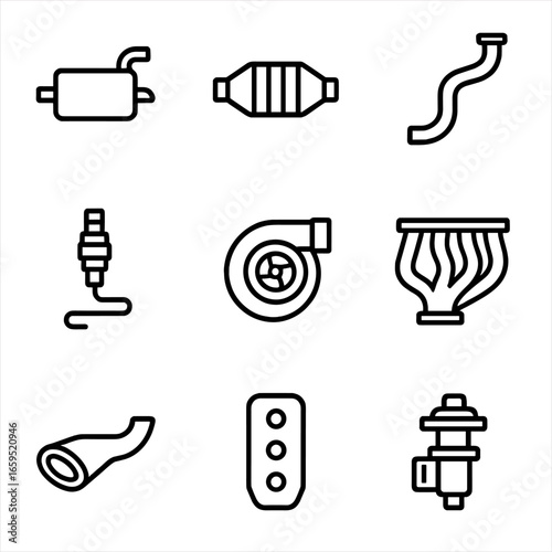Exhaust Parts Icons. Outline icon set of engine exhaust parts: muffler, catalytic converter, exhaust pipe, oxygen sensor,