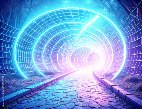 Futuristic Neon Circular Grid Tunnel Abstract Background