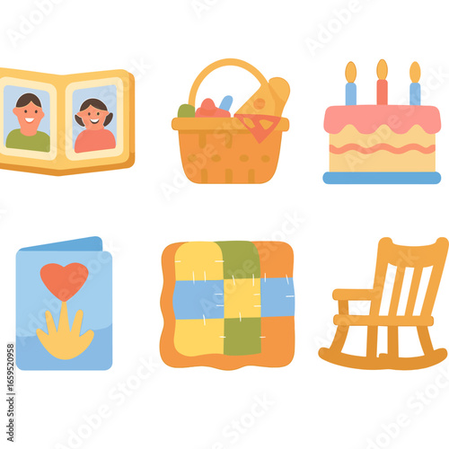 Family Traditions Icons. Flat vector mini-illustrations Family traditions in colors children's illustrations: