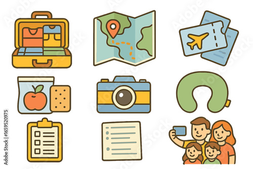 Family Trip Essentials. Flat vector mini-illustrations Preparing for a family trip in colors children's