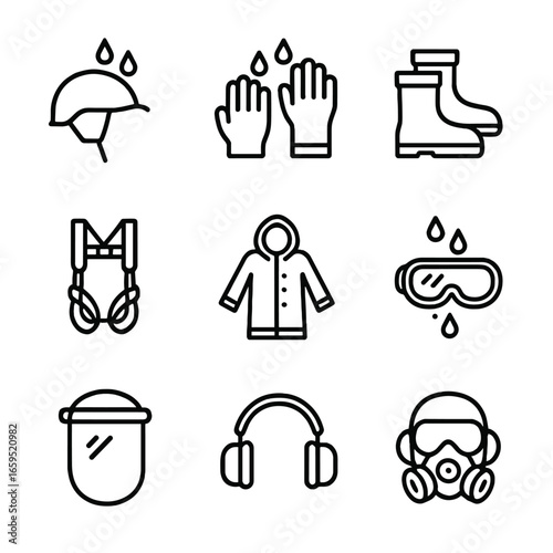 Waterproof Safety Gear Icons. Outline icon set of waterproof safety equipment: waterproof helmet, waterproof gloves, waterproof