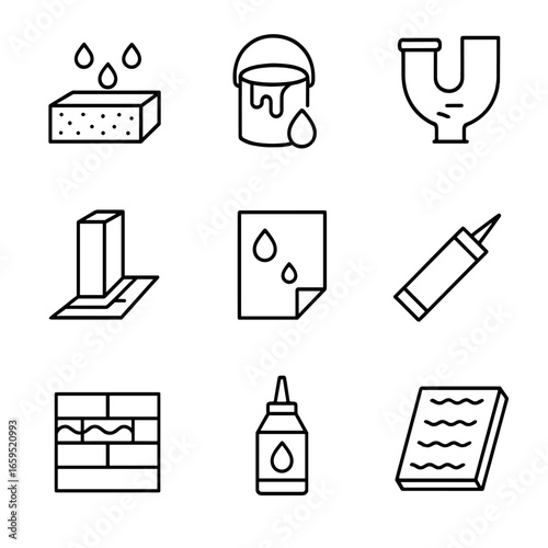 Waterproof Construction Icons. Outline icon set of waterproof construction elements: waterproof concrete, waterproof paint,