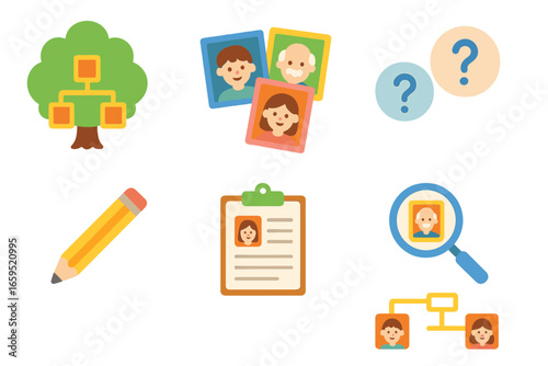 Family Tree Illustrations. Flat vector mini-illustrations Family tree creation in colors children's