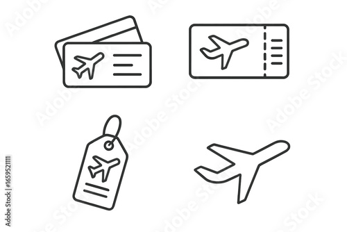 Air travel icons: ticket, boarding pass, luggage tag, airplane outline